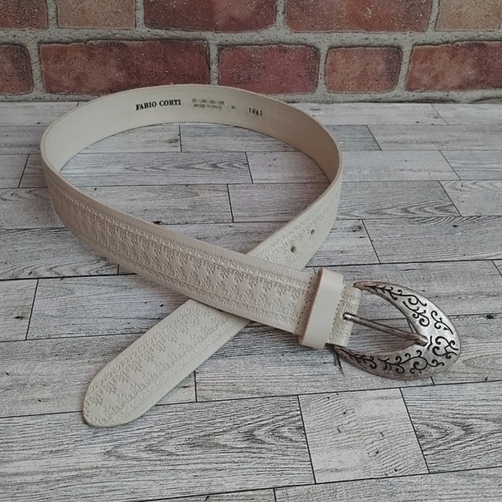 Fabio Corti Stamped Leather Cream Color Belt with Ornate Pewter Buckle #1863 M